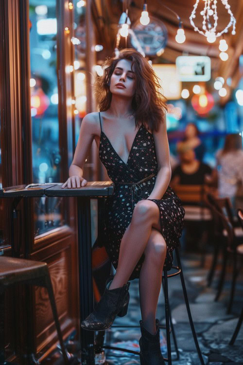 a woman wears black sundress with ankle black cowboy boots in a cafe