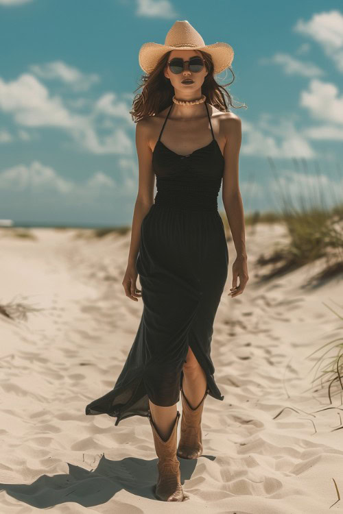 a woman wears black sundress with brown cowboy boots walking on the sand