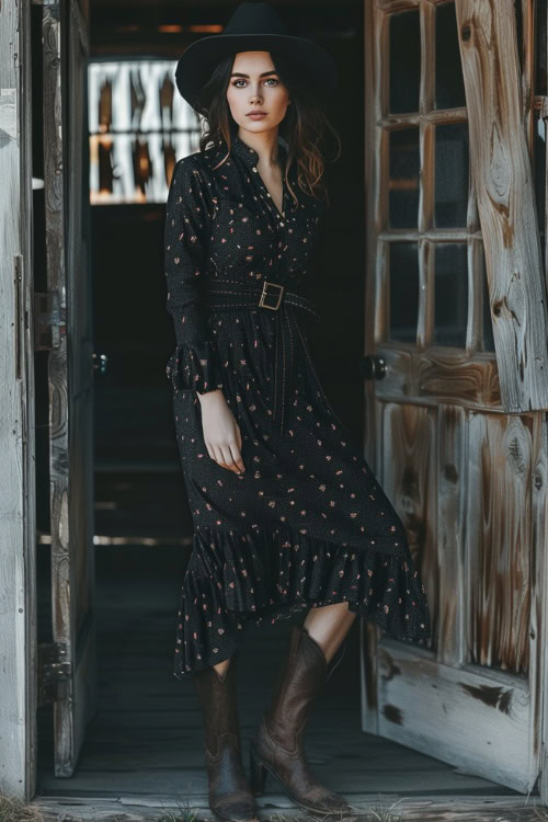 a woman wears black wrap dress and brown cowboy boots standing in a house