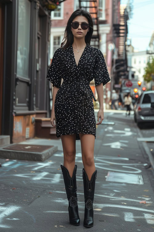 a woman wears black wrap dress and cowboy boots on the street