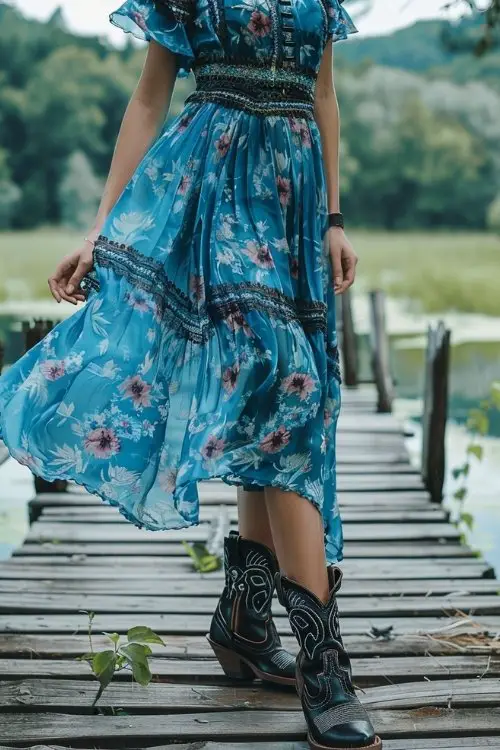 a woman wears blue floral sundress with cowboy boots