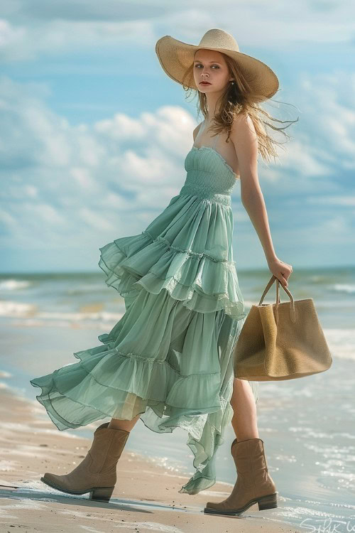 a woman wears blue sundress with brown cowboy boots carring a hat with bag on a beach