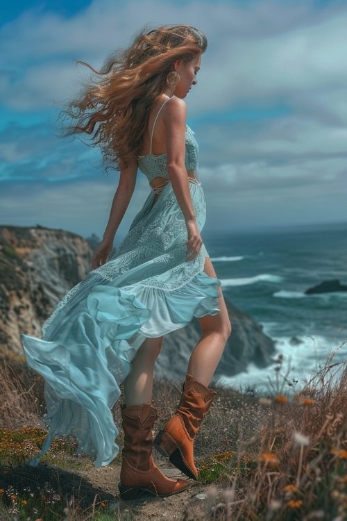 a woman wears blue sundress with brown cowboy boots near a beach