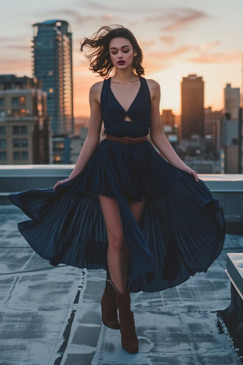 a woman wears blue sundress with brown cowboy boots on a rooftop