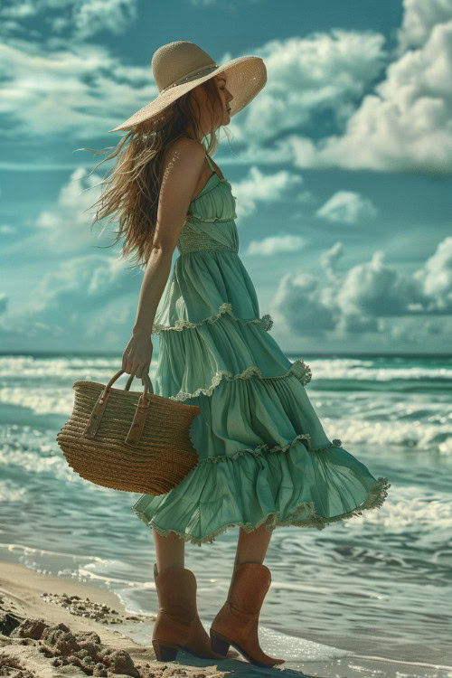 a woman wears blue sundress with brown cowboy boots on a seashore