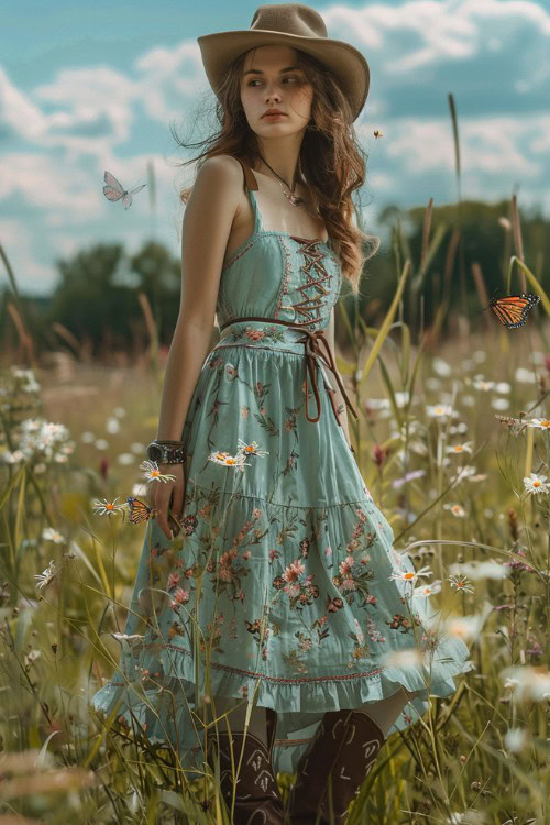 a woman wears blue sundress with brown cowboy boots with butterflies around