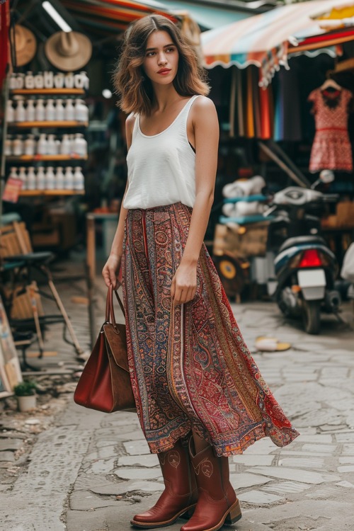a woman wears boho skirt and cowboy boots in a market