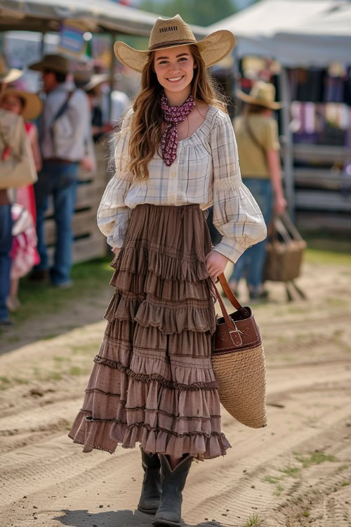 a woman wears country ruffle tiered skirt and ankle cowboy boots