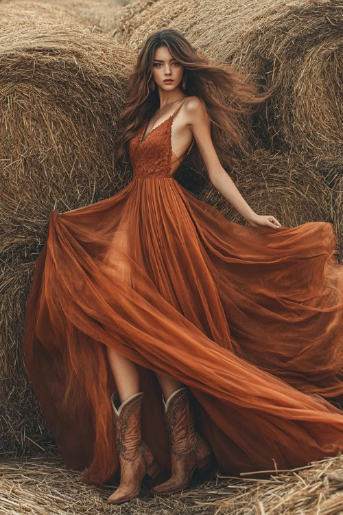 a woman wears country wedding guest dress with cowboy boots