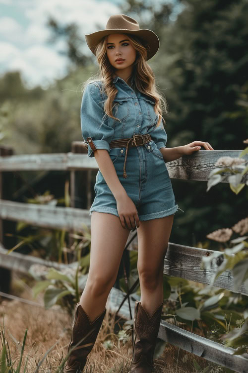 a woman wears denim romper with brown cowboy boots and hat