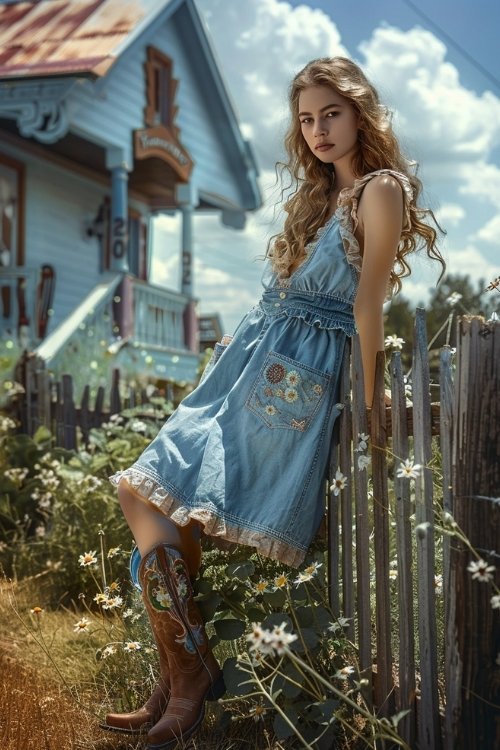 a woman wears denim sundress with brown cowboy boots
