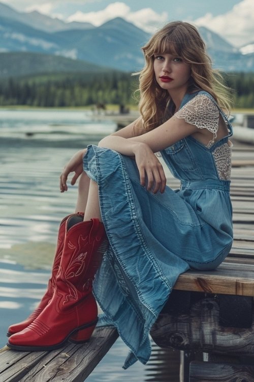 a woman wears denim sundress with red cowboy boots on a dock