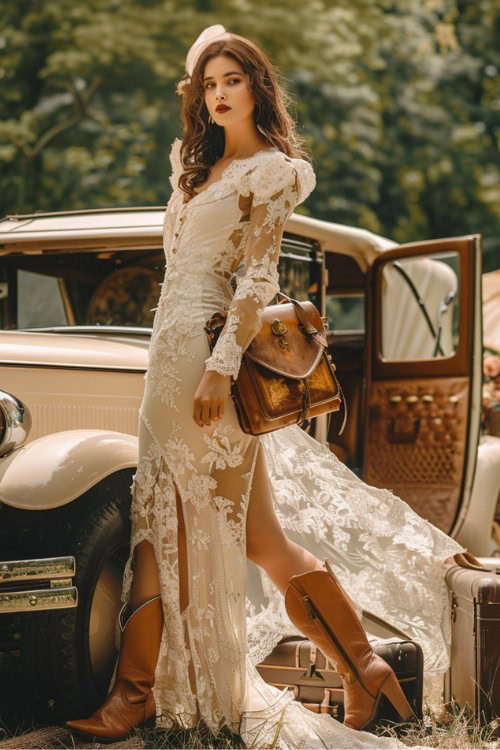a woman wears elegant dress with cowboy boots for weddings