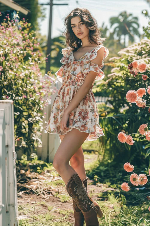 a woman wears floral romper dress with brown cowboy boots in the garden