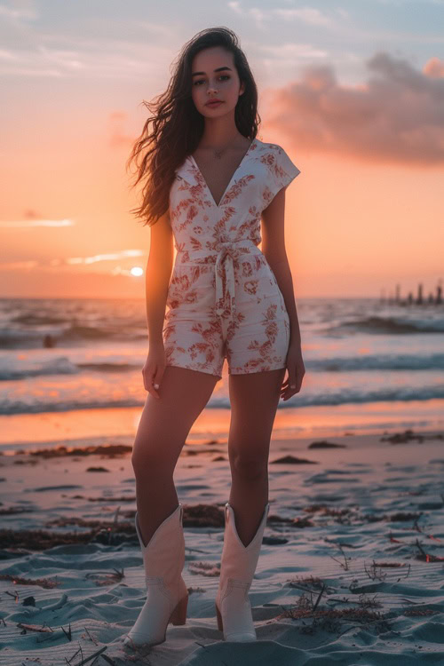 a woman wears floral romper with white cowboy boots on the beach