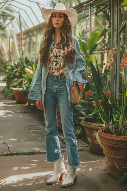 a woman wears floral shirt, crop flare jeans and white cowboy boots