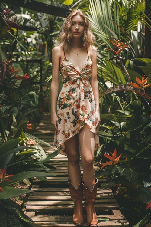 a woman wears floral sundress with brown cowboy boots and necklace