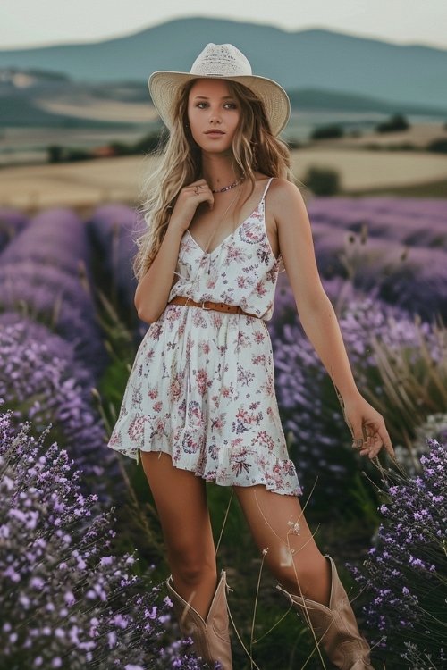 a woman wears floral sundress with cowboy boots in lavender garden