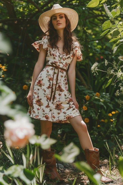 a woman wears floral sundress with cowboy boots with a hat