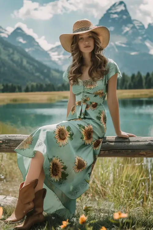 a woman wears green sundress with brown cowboy boots and hat and sits on a wooden chair