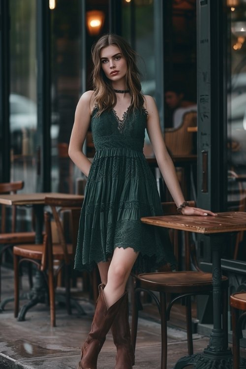 a woman wears green sundress with brown cowboy boots in a cafe