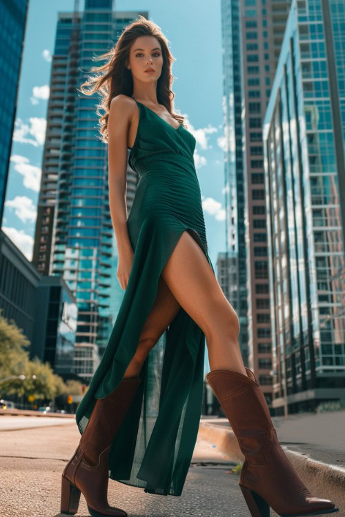 a woman wears green sundress with brown cowboy boots on the city street