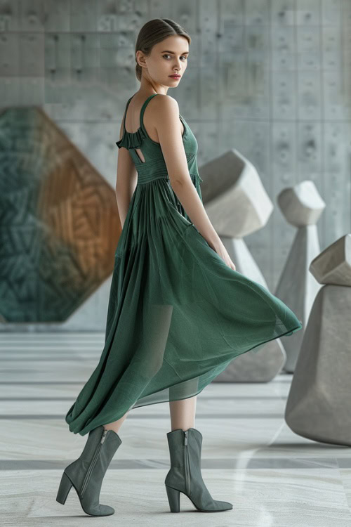 a woman wears green sundress with cowboy boots on a abstract gallery