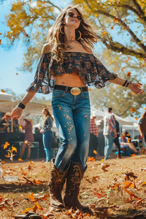 a woman wears jeans with cowboy boots and an off shoulder top