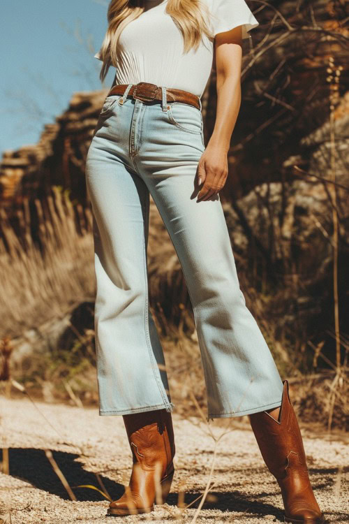 a woman wears light wash crop flare jeans with brown cowboy boots