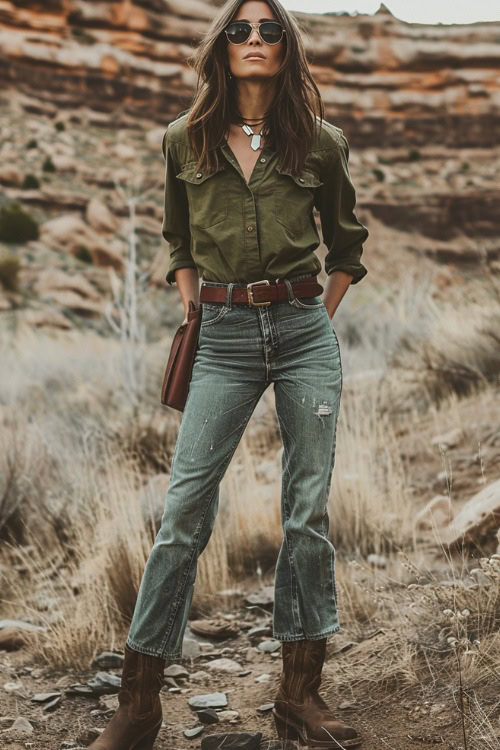 a woman wears olive shirt, crop flare jeans and brown cowboy boots