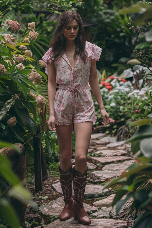 a woman wears pink romper dress with brown cowboy boots walking