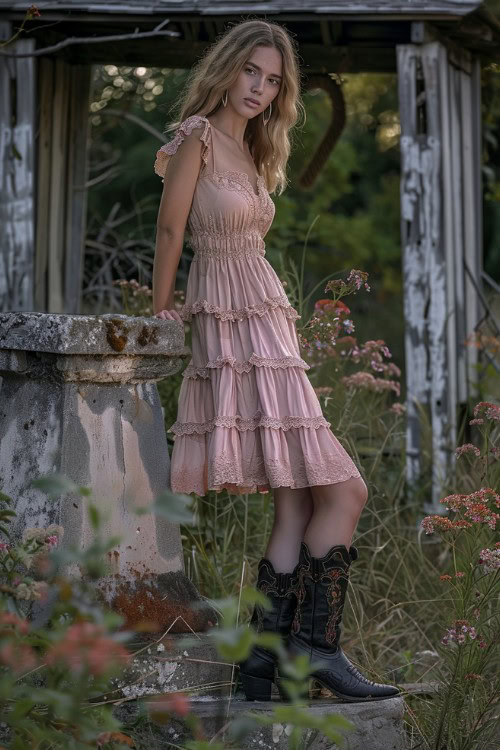 a woman wears pink sundress with black cowboy boots
