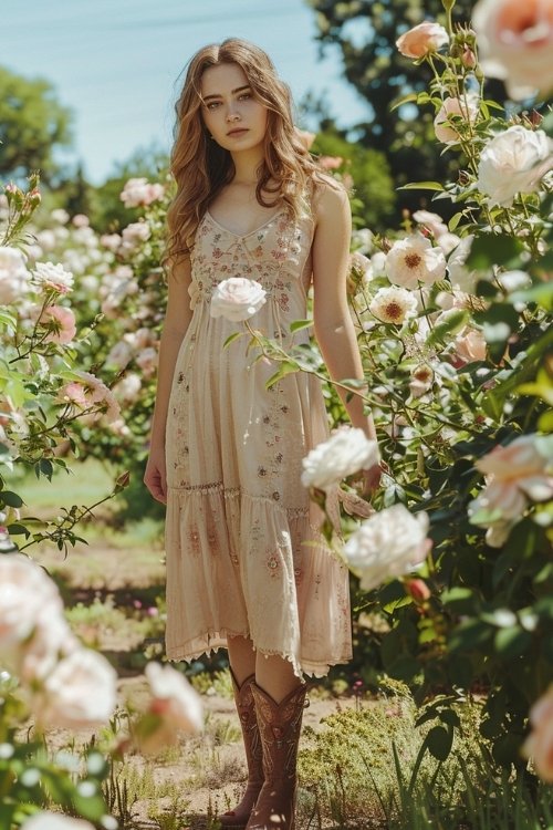 a woman wears pink sundress with brown cowboy boots in a rose garden