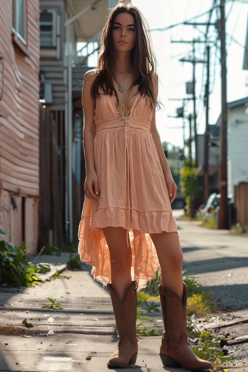 a woman wears pink sundress with brown cowboy boots on a city street
