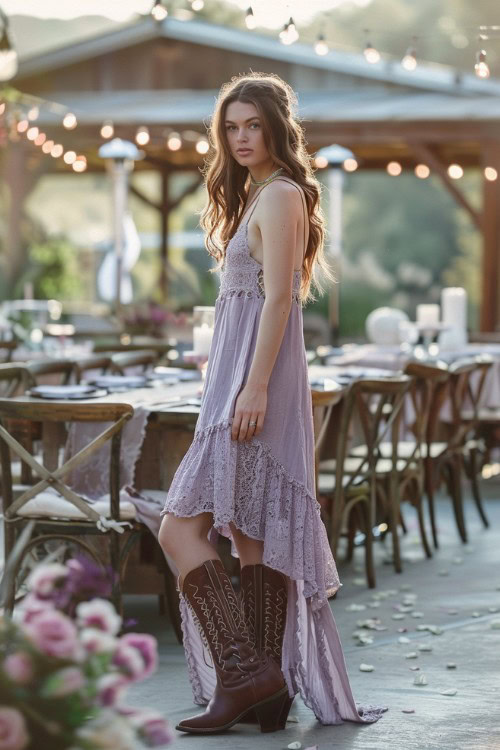 a woman wears purple sundress with brown cowboy boots in a wedding