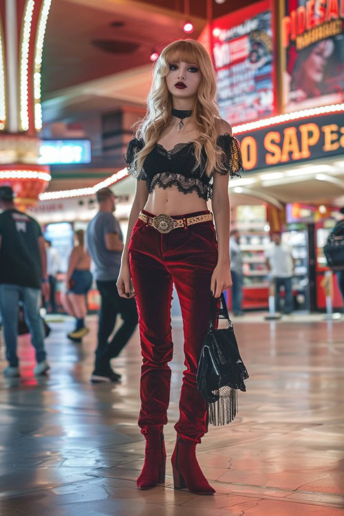 a woman wears red pants, black lace crop top and red cowboy boots for concert