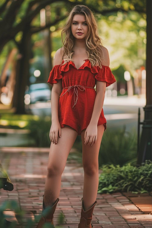 a woman wears red romper with brown cowboy boots on the street