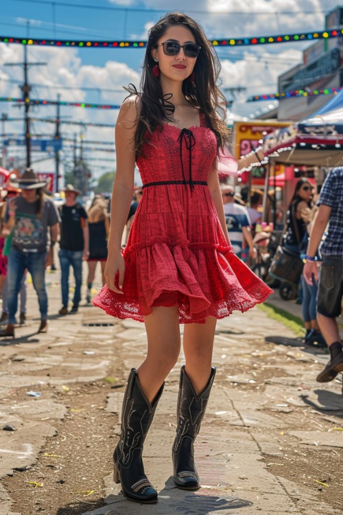 a woman wears red sundress with black cowboy boots for concert