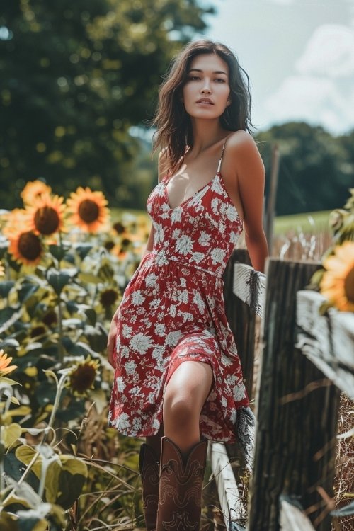 a woman wears red sundress with brown cowboy boots in a sunflowers garden
