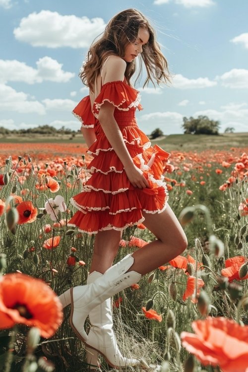 a woman wears red sundress with white cowboy boots in tulip garden