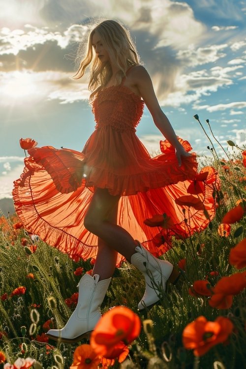 a woman wears red sundress with white cowboy boots