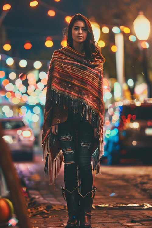 a woman wears ripped jeans tucked in black cowboy boots wrapped by a shawl