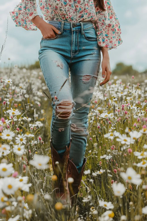 a woman wears ripped jeans tucked in brown cowboy boots with a blouse in flower garden