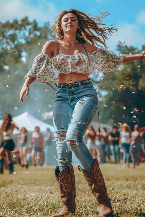 a woman wears ripped jeans tucked in brown cowboy boots with a floral crop top
