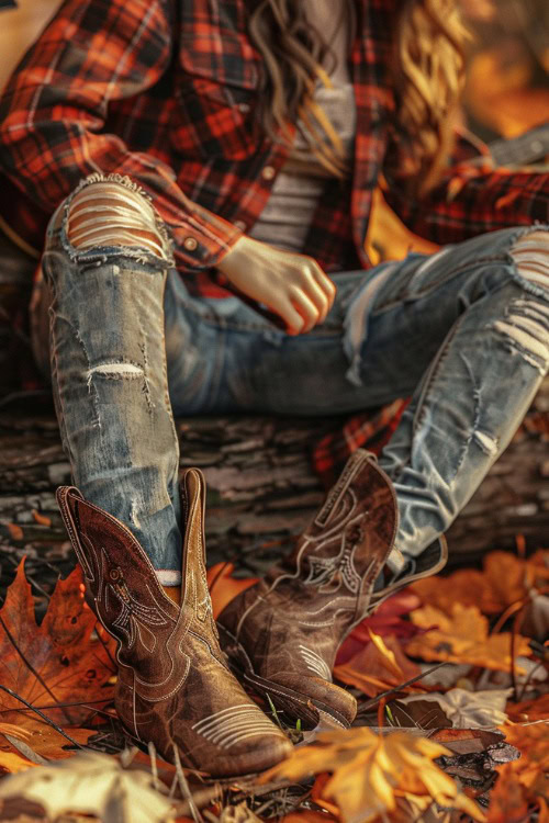 a woman wears ripped jeans tucked in brown cowboy boots with a plaid shirt