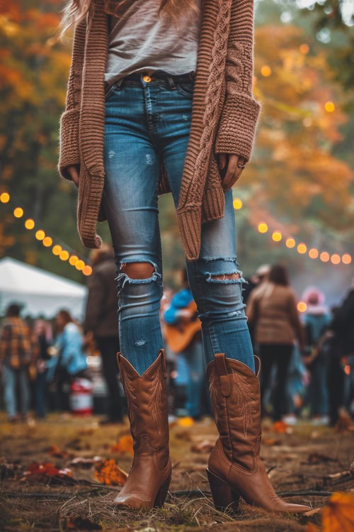 a woman wears ripped jeans tucked in brown cowboy boots with a warm cardigan