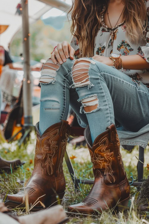 a woman wears ripped jeans tucked in brown cowboy boots