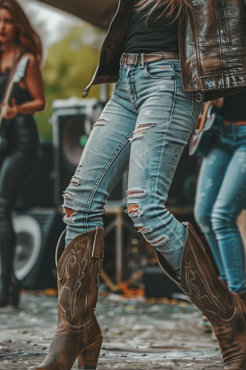 a woman wears ripped jeans tucked in cowboy boots with a black top and leather jacket