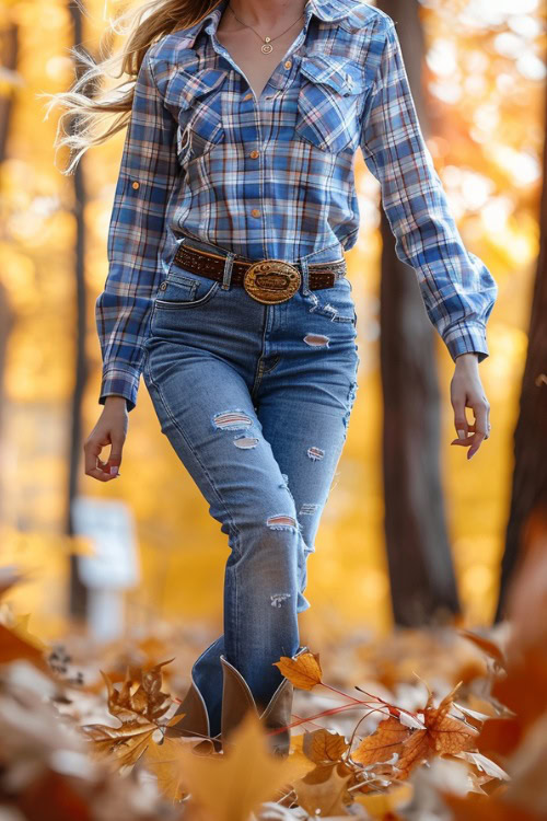 a woman wears ripped jeans with cowboy boots and plaid shirt walking on fallen leaves
