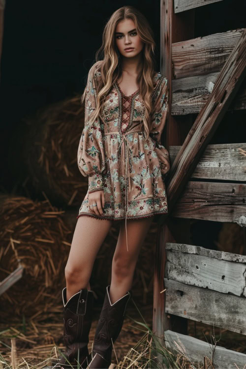 a woman wears romper dress with black cowboy boots